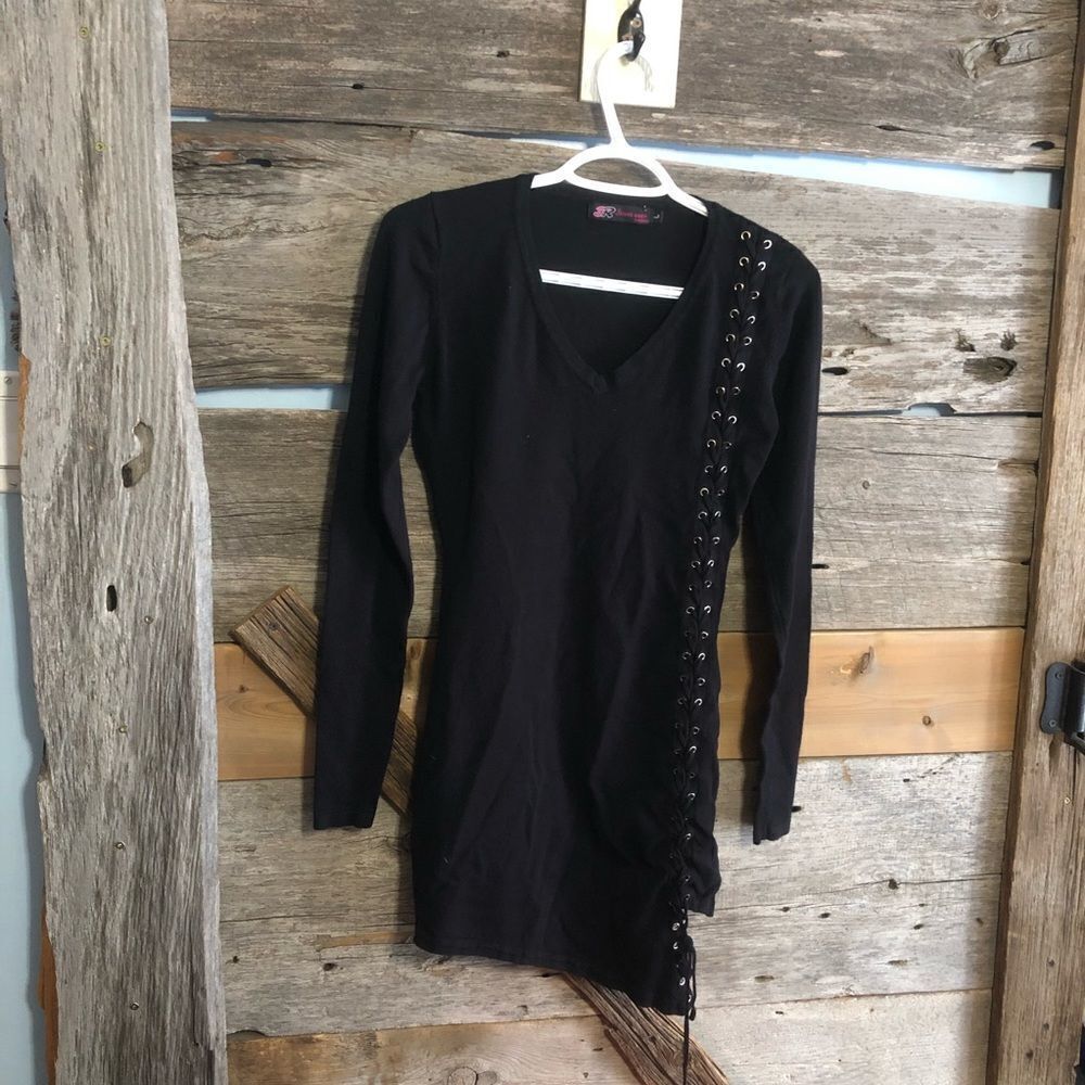 STREETWEAR Size Large Black V-Neck, Side Lace Up Sweater Dress